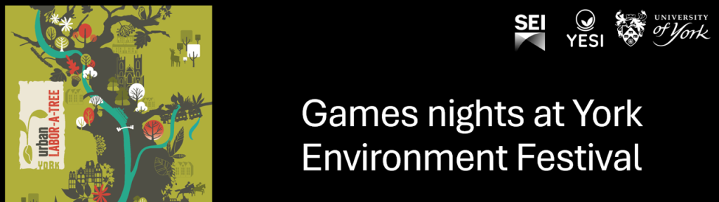 A board game features on a banner with 'Games nights' at York Environment Festival' in the centre