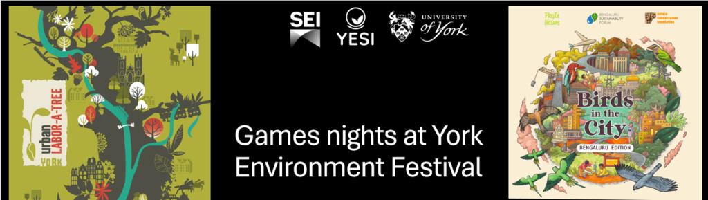 Two board games feature on a banner with 'Games nights' at York Environment Festival' in the centre