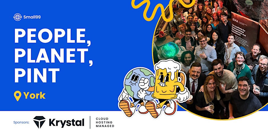 Blue banner with People, Planet, Pint written in white font. Image of people sharing a pint on the right hand side.