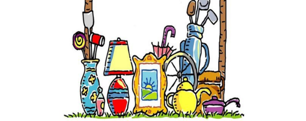 A colourful drawing of various household objects including a painting, a lamp, and an umbrella.