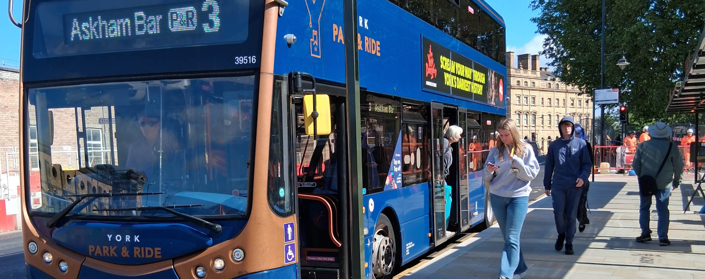 A York park and ride bus at a bus stop.