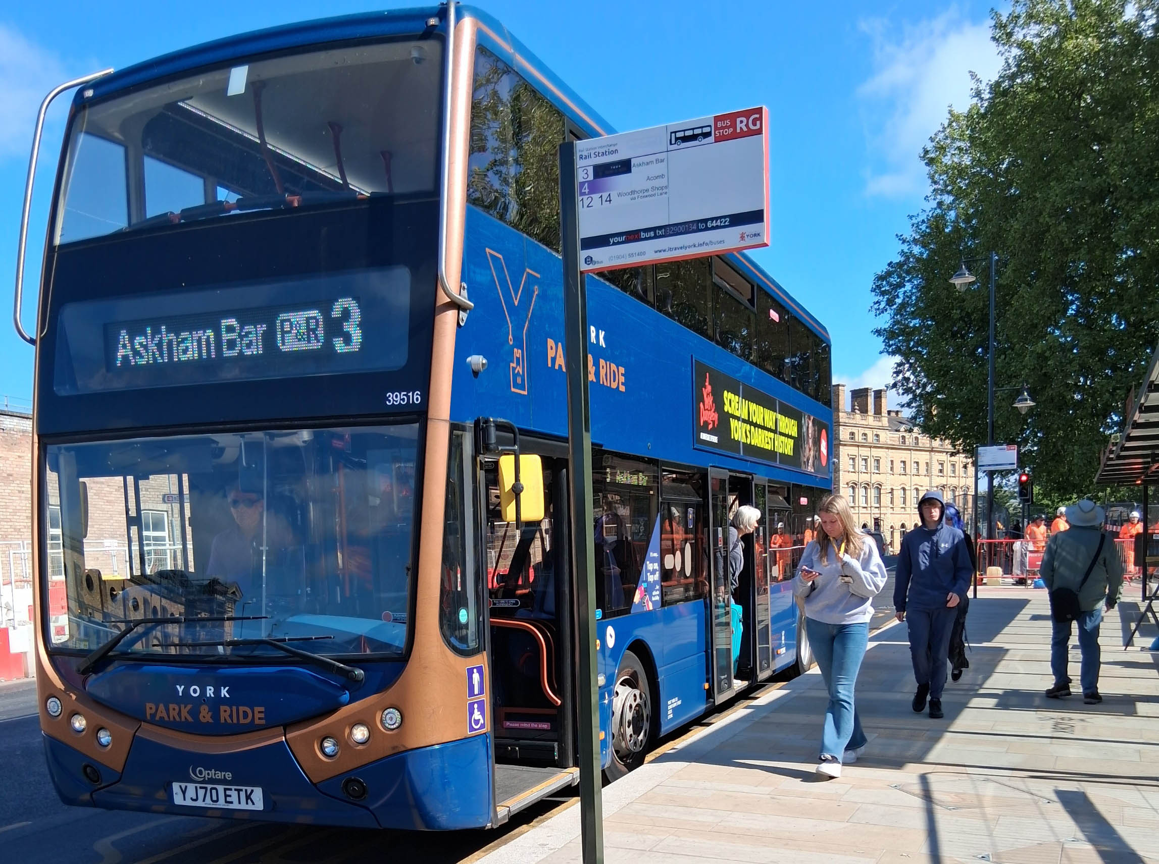 A York park and ride bus at a bus stop.