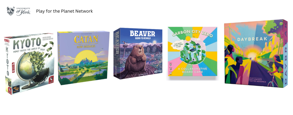 A white background with 5 board games. From left to right: Kyoto, Catan: New Energies, Beaver: Born to Rewild, Carbon City Zero, and Daybreak.