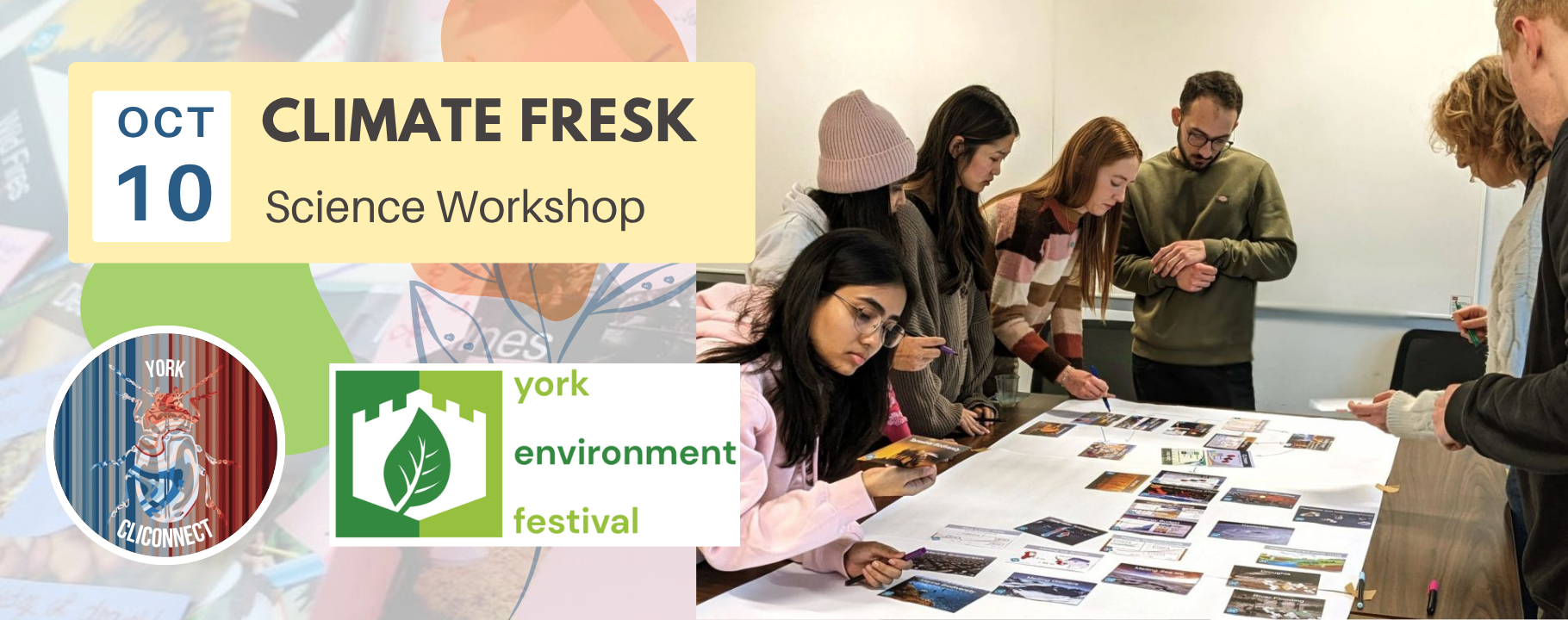 A group of workshop attendees are stood around a table, looking at photographs and cards which form part of the Climate Fresk activity.