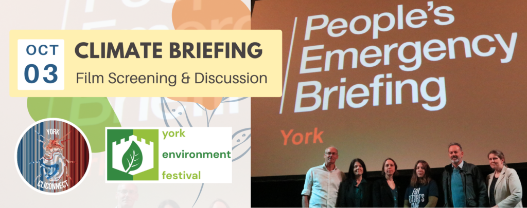 A collection of York local leaders stand in front of a large screen that says 'People's Emergency Briefing - York'