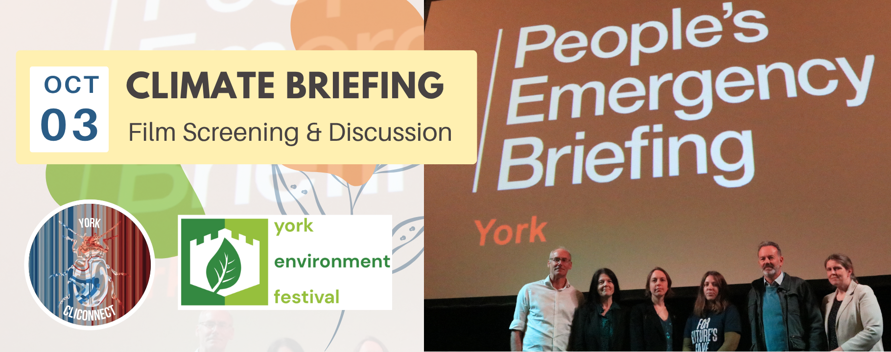 A collection of York local leaders stand in front of a large screen that says 'People's Emergency Briefing - York'