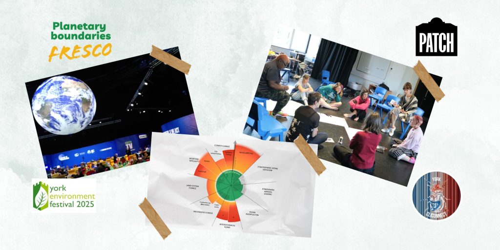 Three pictures slightly overlapped against a white background. One picture is of a globe, another of a group of people sat in a circle on the floor, and a third of a pie chart.