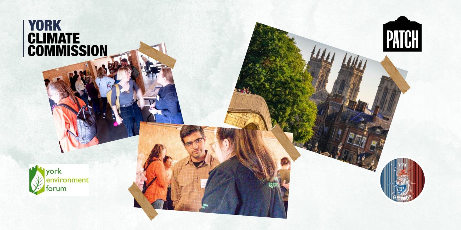 A banner with three pictures. One picture is of a group of people, another is of two people talking, and the third is of the outside of the Minster.